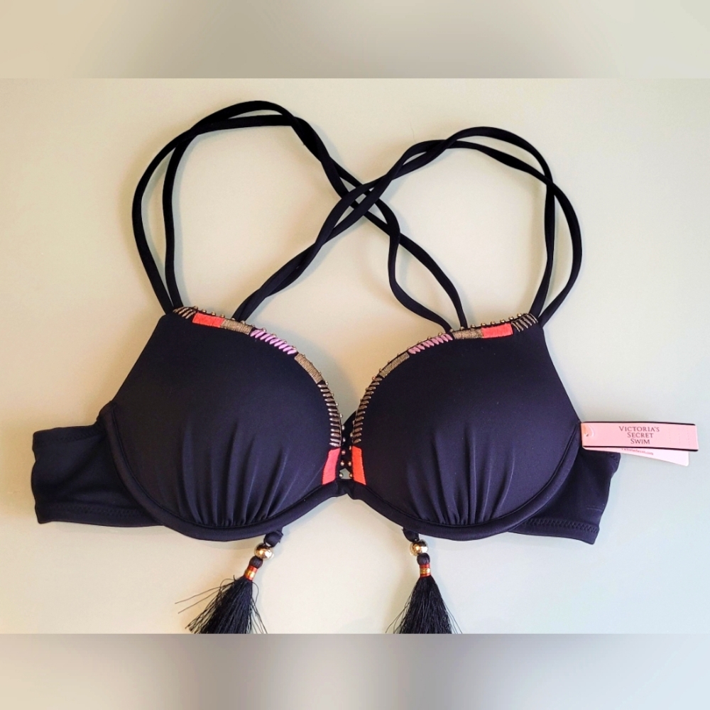 Victoria's Secret SWIM Black Strappy Bikini Top 34A. Push Up Padding. NEW